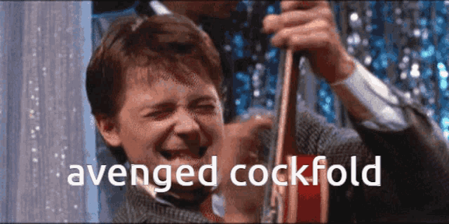 a young boy holding a guitar with the words avenged cockfold written on the bottom