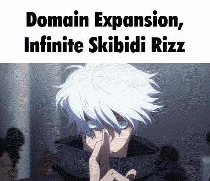 a man with white hair and blue eyes is holding his finger to his lips and says domain expansion , infinite skibidi rizz .