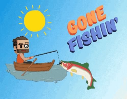 a cartoon of a man in a boat with the words gone fishin '