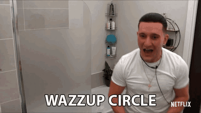 a man in a white shirt says wazzup circle on a netflix ad