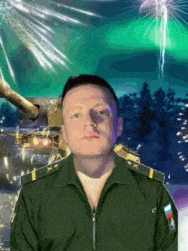 a man in a military uniform with a russian flag patch on his chest