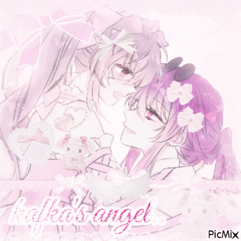 a drawing of two girls with the words " kafka 's angel " at the bottom