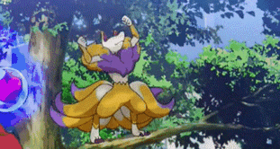 a cartoon character is standing on a tree branch in the woods