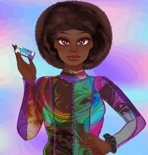 a woman in a colorful dress holds a box of oreos in her hand
