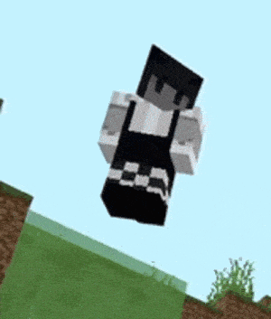 a minecraft character is jumping in the air while standing on a grassy hill .