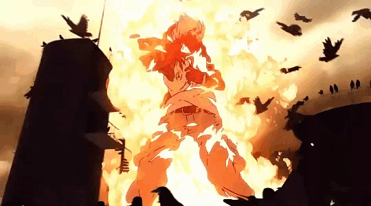 a drawing of a person standing in front of a fire