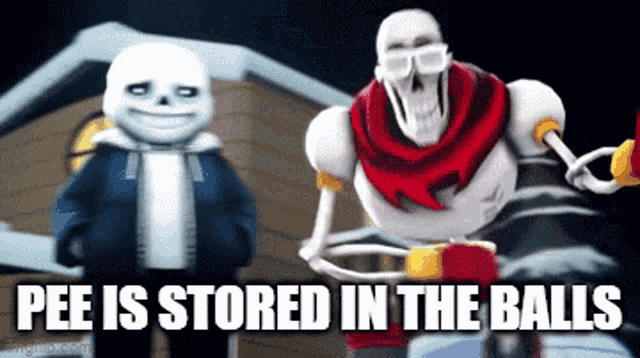 sans and papyrus are standing next to each other with the words pee is stored in the balls