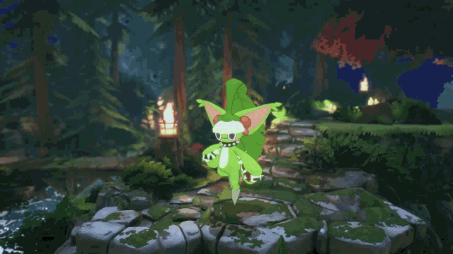 a cartoon character is sitting on a mossy rock in the middle of a forest