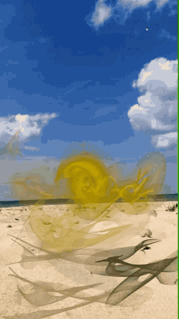 a painting of a beach with a blue sky