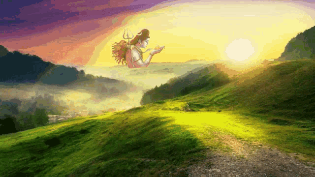 a painting of a man standing on top of a hill with mountains in the background