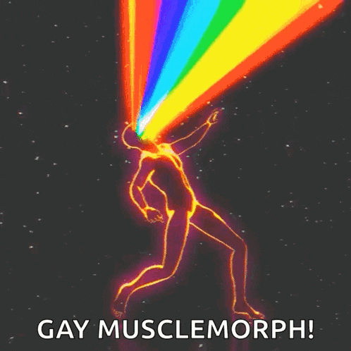 a drawing of a person with a rainbow coming out of their head with the words gay musclemorph below it