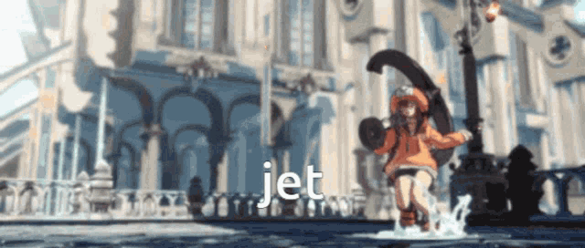 a girl is standing in front of a building and the word jet is on the bottom right