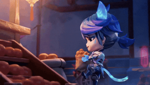 a cartoon character with blue hair and a cat tail