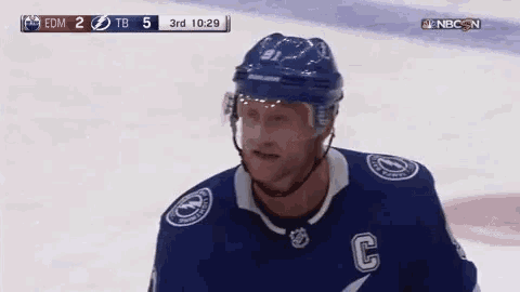 a hockey player wearing a blue jersey with the letter c on the sleeve