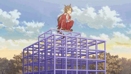 a girl is squatting on top of a building