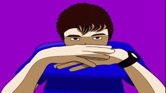 a cartoon of a man covering his mouth with his hands and wearing a watch