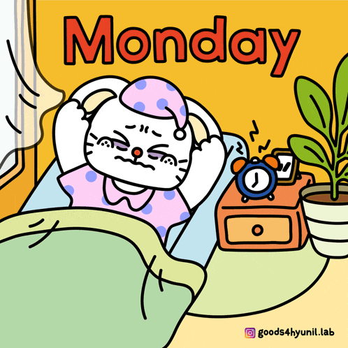 a cartoon drawing of a cat laying in bed with the words monday above it