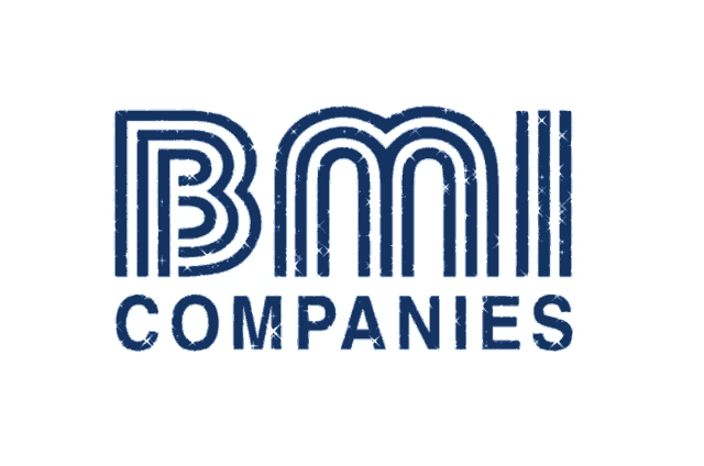 a logo for bmi companies that is blue and white