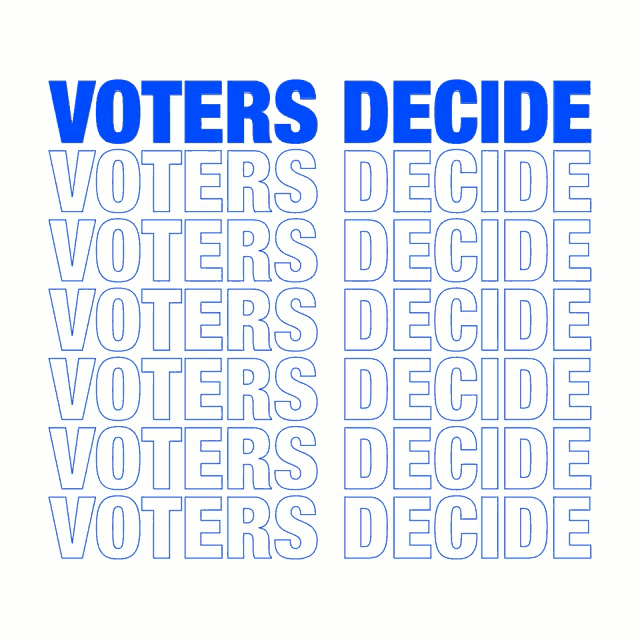 blue and white text that says voters decide