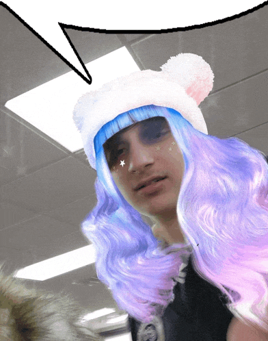 a man wearing a wig and a hat with a speech bubble above his head