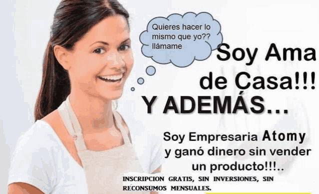 a woman in an apron with a thought bubble that says soy ama de casa !!