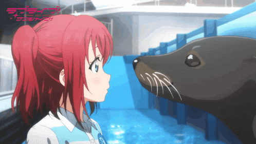 a girl with red hair looks at a seal with the word love live written on the bottom