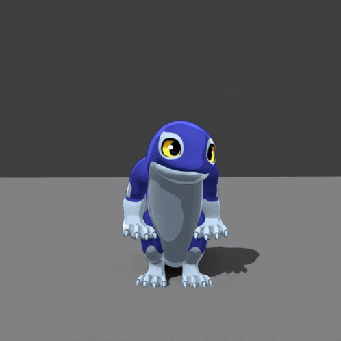 a blue and white cartoon character with yellow eyes is standing on a gray surface