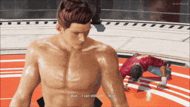 a video game screen shows a man without a shirt saying wait