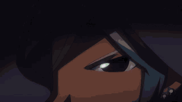 a close up of a cartoon character 's eye with a light shining through it