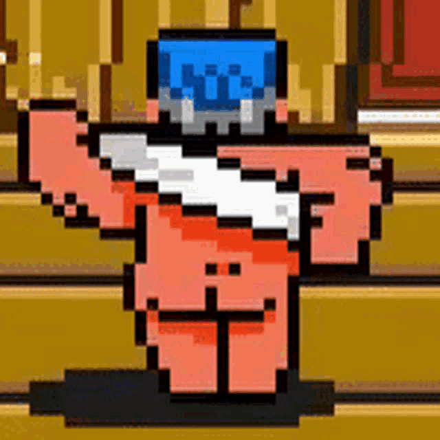 a pixel art drawing of a naked man with a blue head