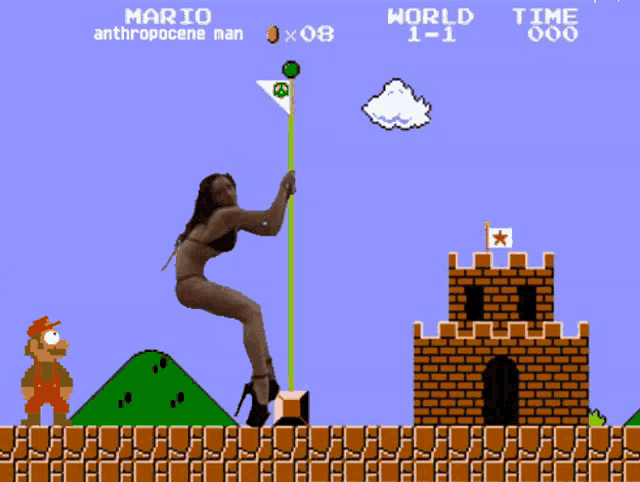 mario and anthropocene man are playing a video game called mario
