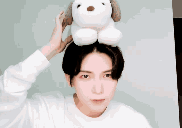 a man is holding a stuffed dog on his head