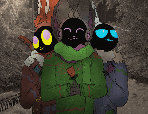 a drawing of three masked characters with one wearing a green sweater