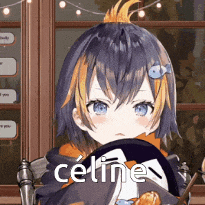 a girl with a fish in her hair has the word celine on her face