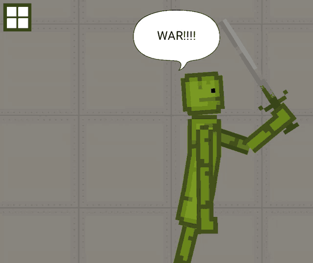 a pixel art character holding a sword and a speech bubble that says war