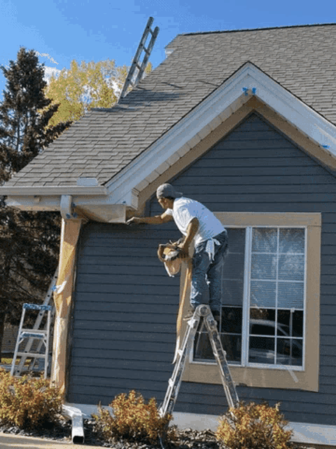 a man on a ladder paints a house with a brush