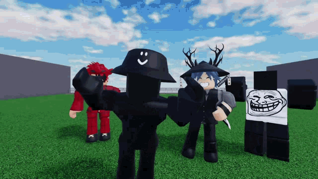 a group of roblox characters are standing in a grassy field