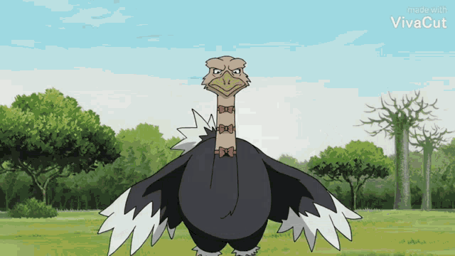 a cartoon ostrich is standing in a grassy field with trees in the background