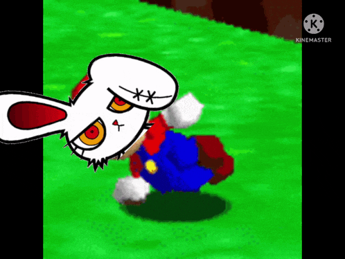 a cartoon of a rabbit wearing a mask standing next to a cartoon of a man in a video game .