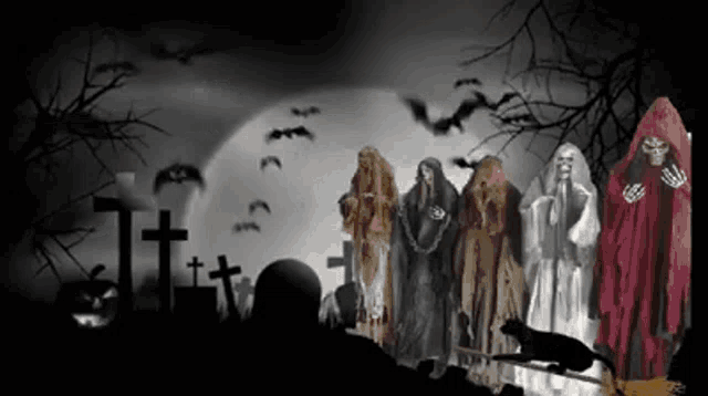 a group of ghosts are standing in front of a full moon