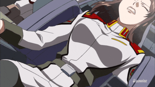 a woman in a military uniform is laying down in a sunrise anime scene