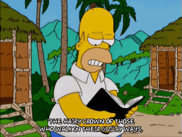 a cartoon of homer simpson reading a book with the caption the hairy crown