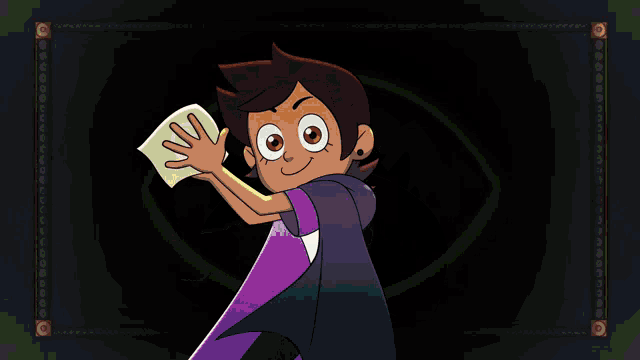 a cartoon character with a purple cape is holding a yellow object