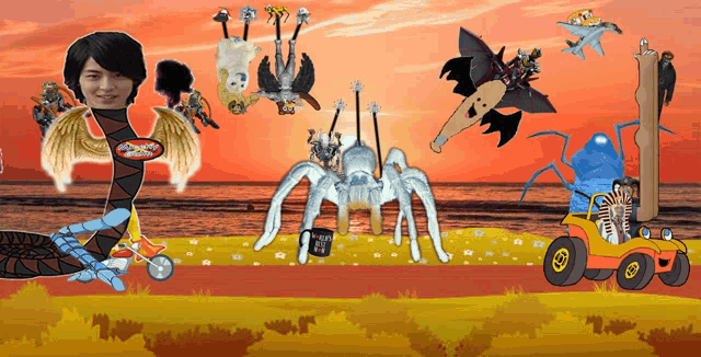 a cartoon of a man with wings and a spider with a red bull logo on it