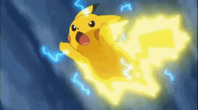 a pikachu is flying through the air with a lightning bolt coming out of its tail .