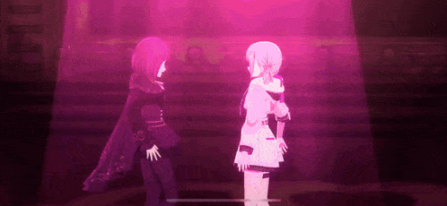 two anime girls are standing next to each other on a stage in front of a pink light .