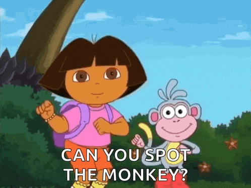 dora the explorer is standing next to a monkey and asking if they can spot the monkey