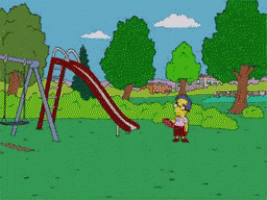 a cartoon character in a park with a frisbee in his hand