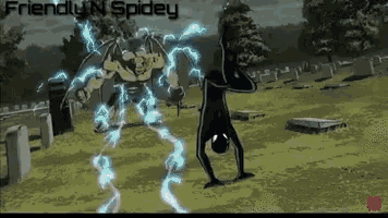 a cartoon of a man doing a handstand in a cemetery with friendly n spidey written on the bottom