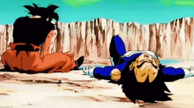 a cartoon of a man laying on the ground next to another man .